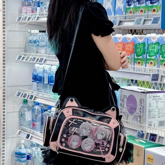Pink-Black Cat Ita Bag Backpack for Girls with Pins Display, Kawaii Style main image 7
